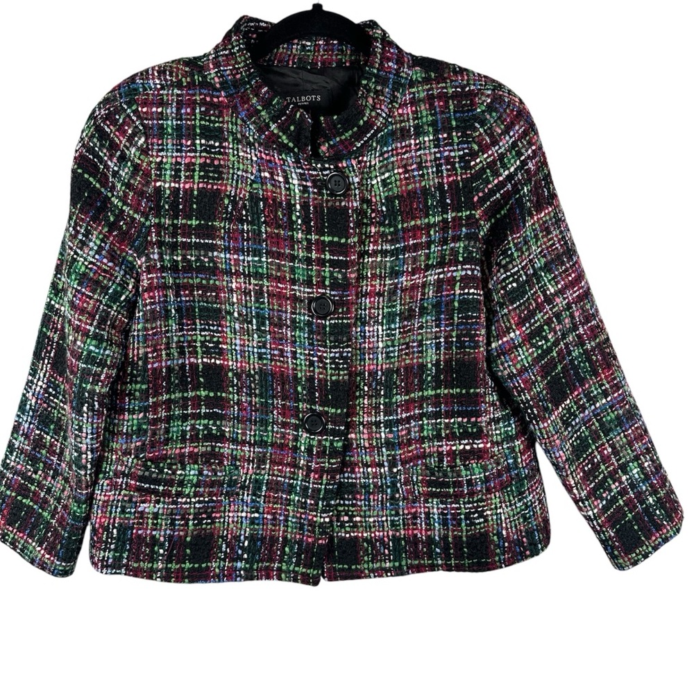 TALBOTS Multicolor Tweed Wool Blend Botton front preppy Career Blazer